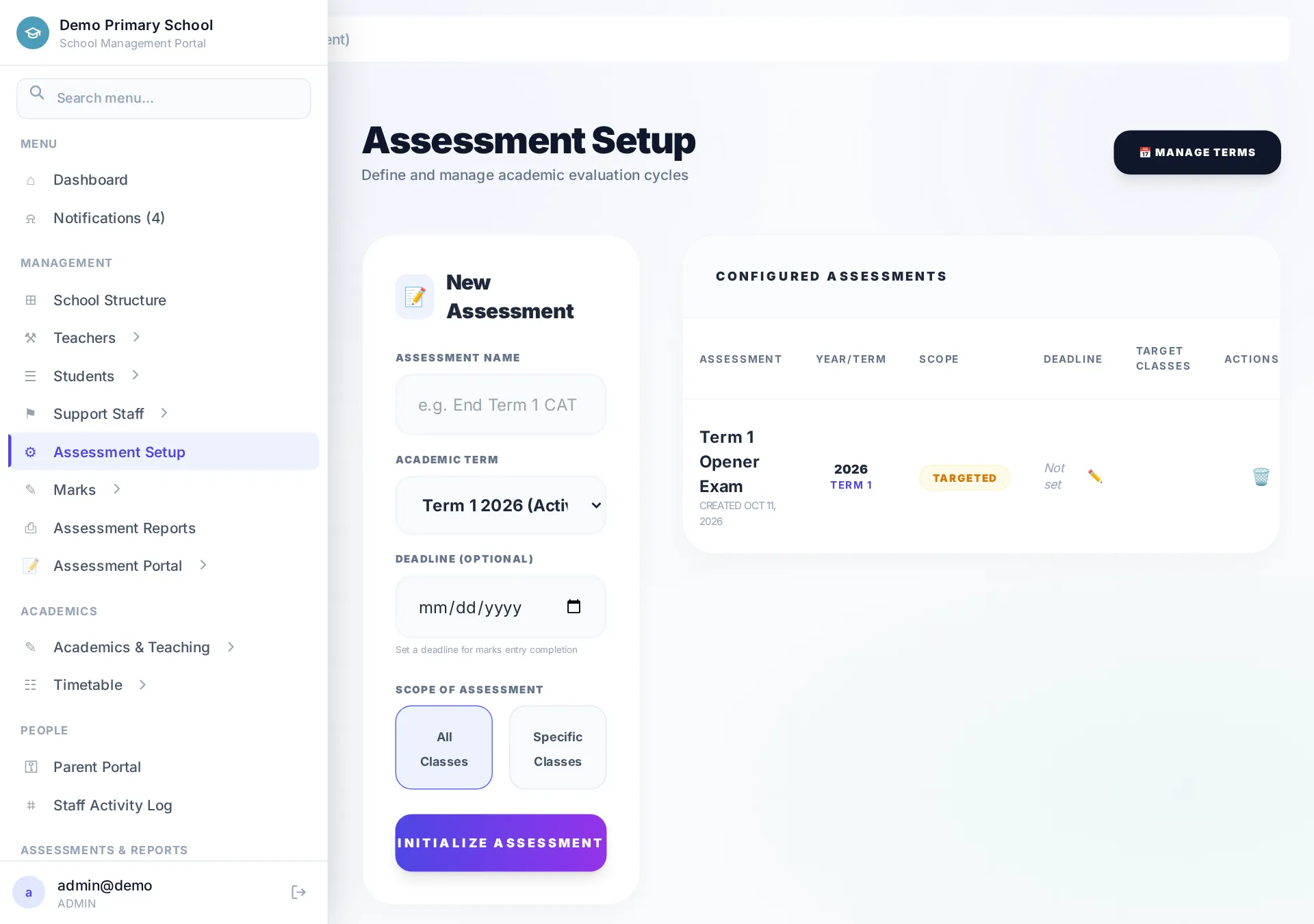 Assessment setup page listing the term's assessments