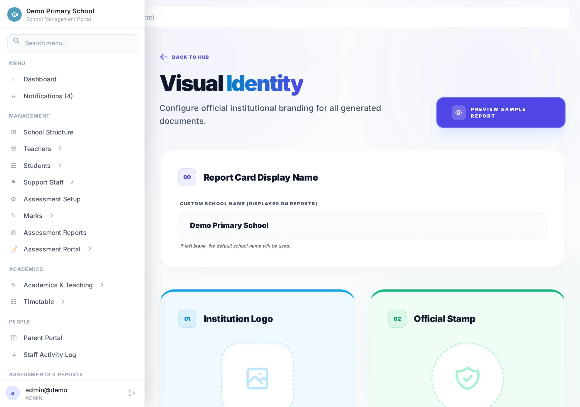 Report branding settings with logo, colours and motto