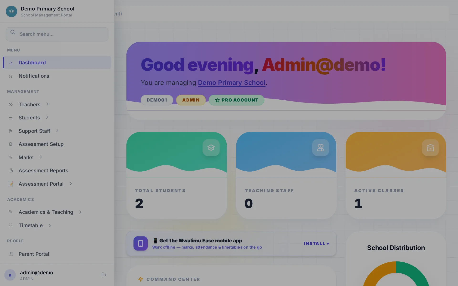 The Mwalimu Ease admin dashboard