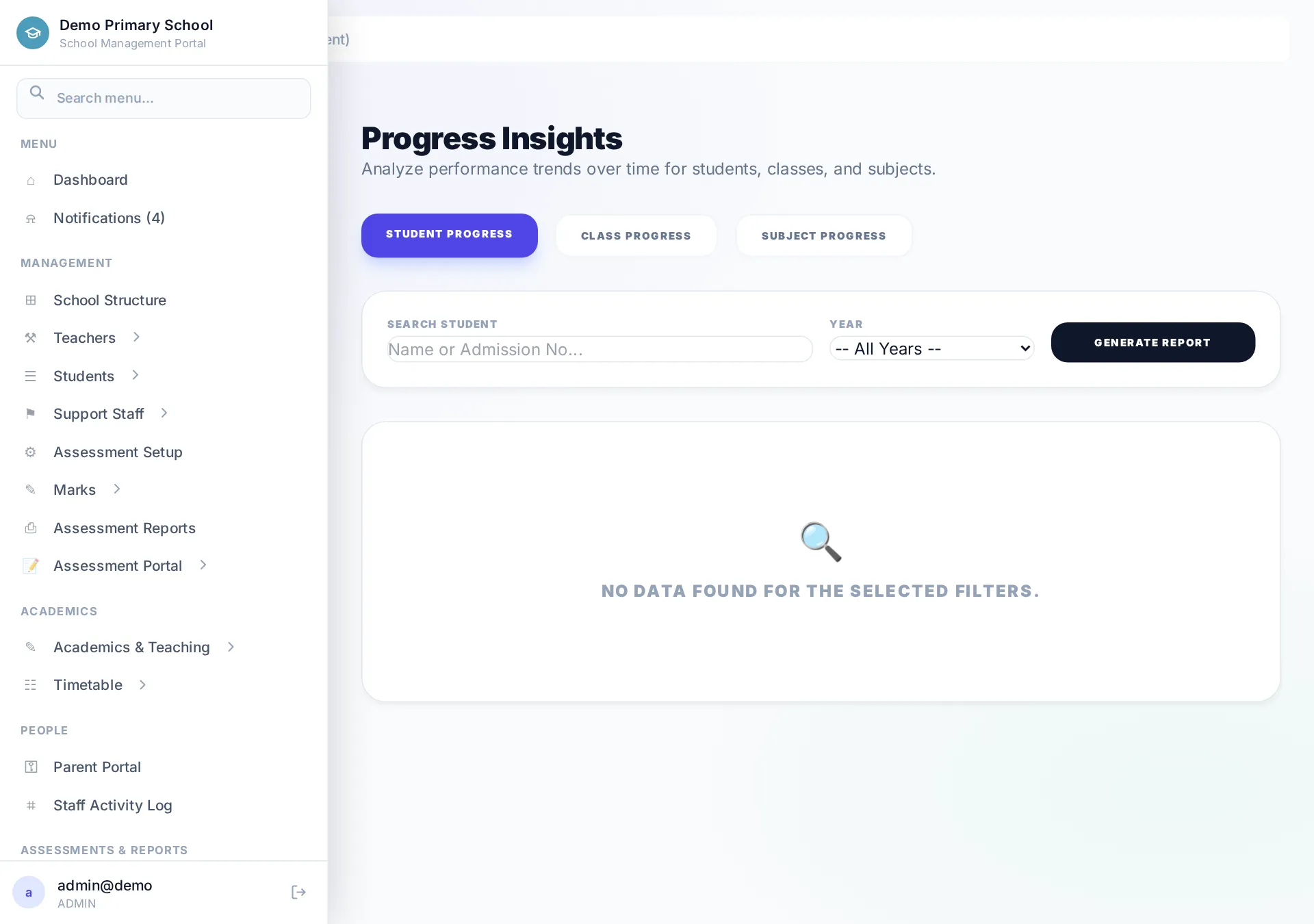 Progress report filters for student, subject and year