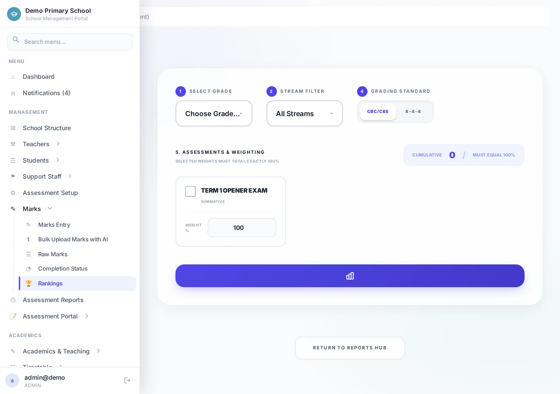 Rankings page ordering students by performance