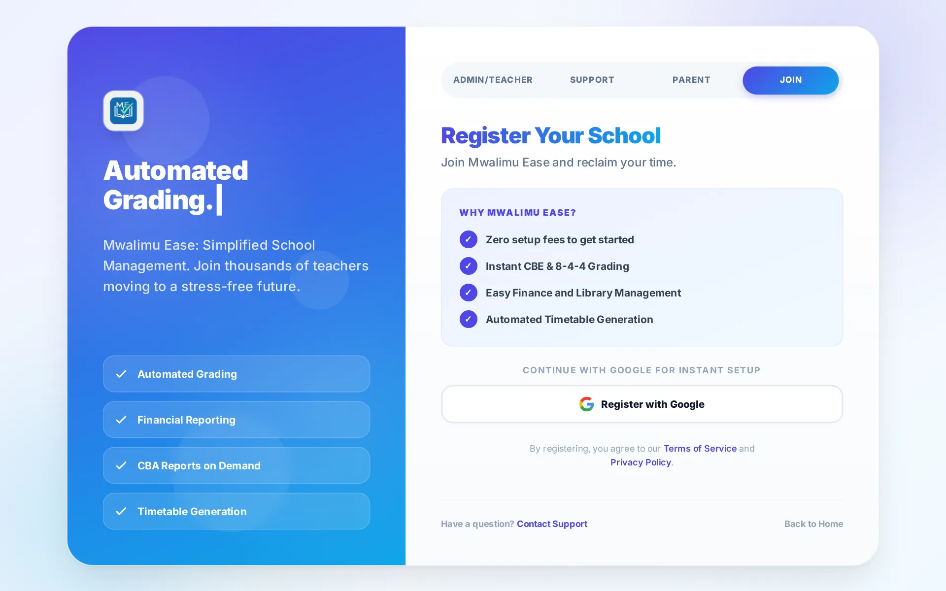 The Mwalimu Ease sign-in page with the school registration form