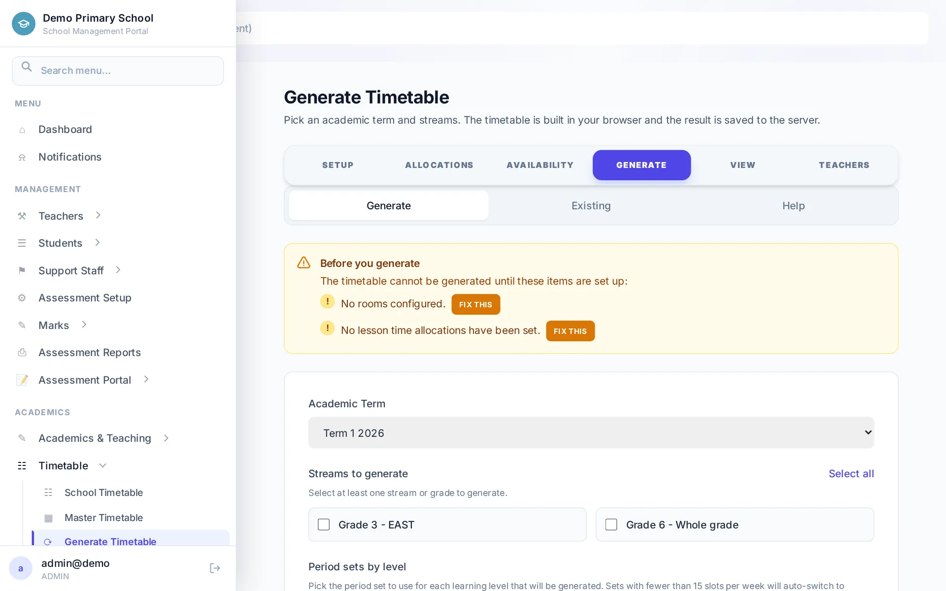 The timetable generation screen