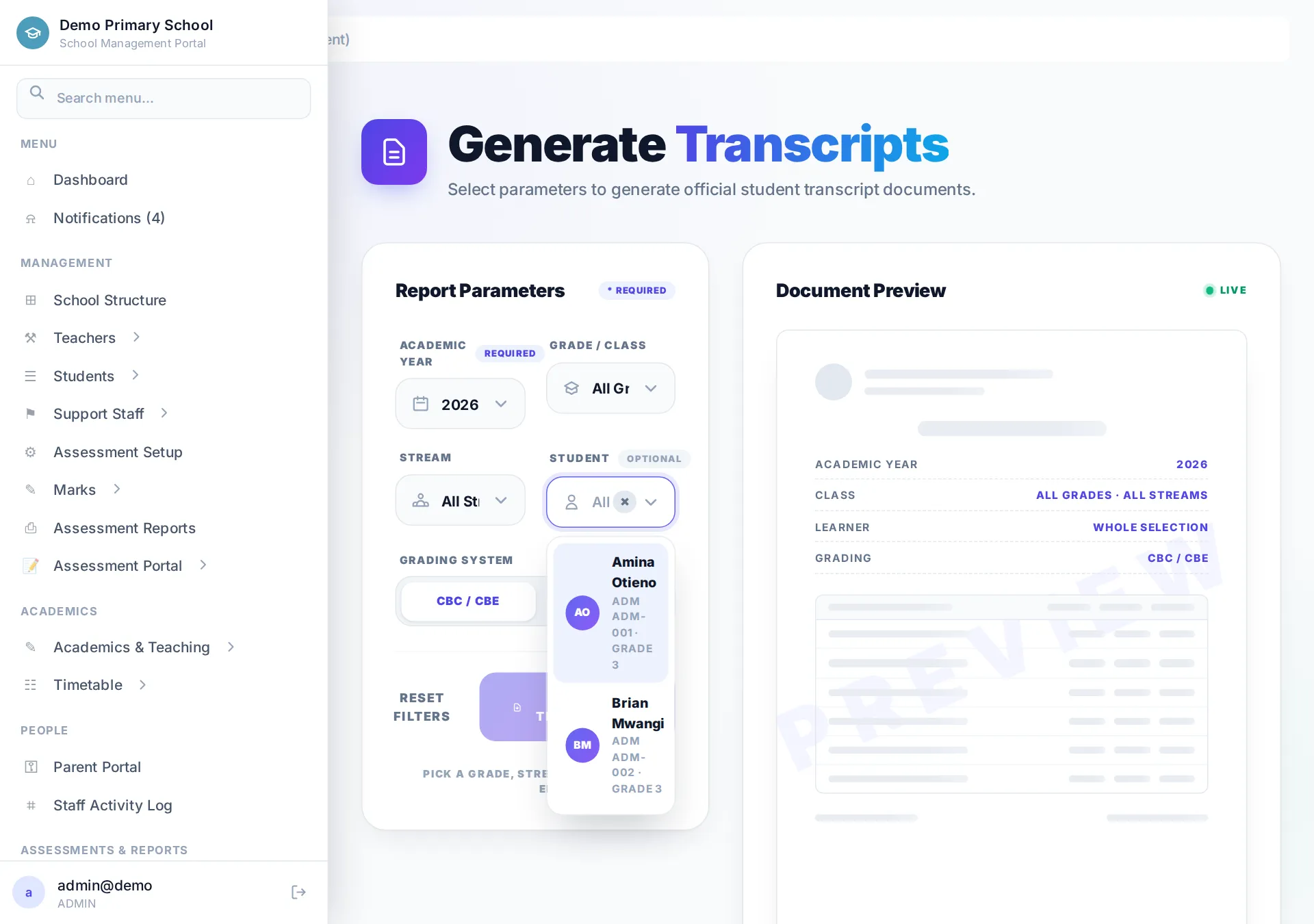 Transcript generation form