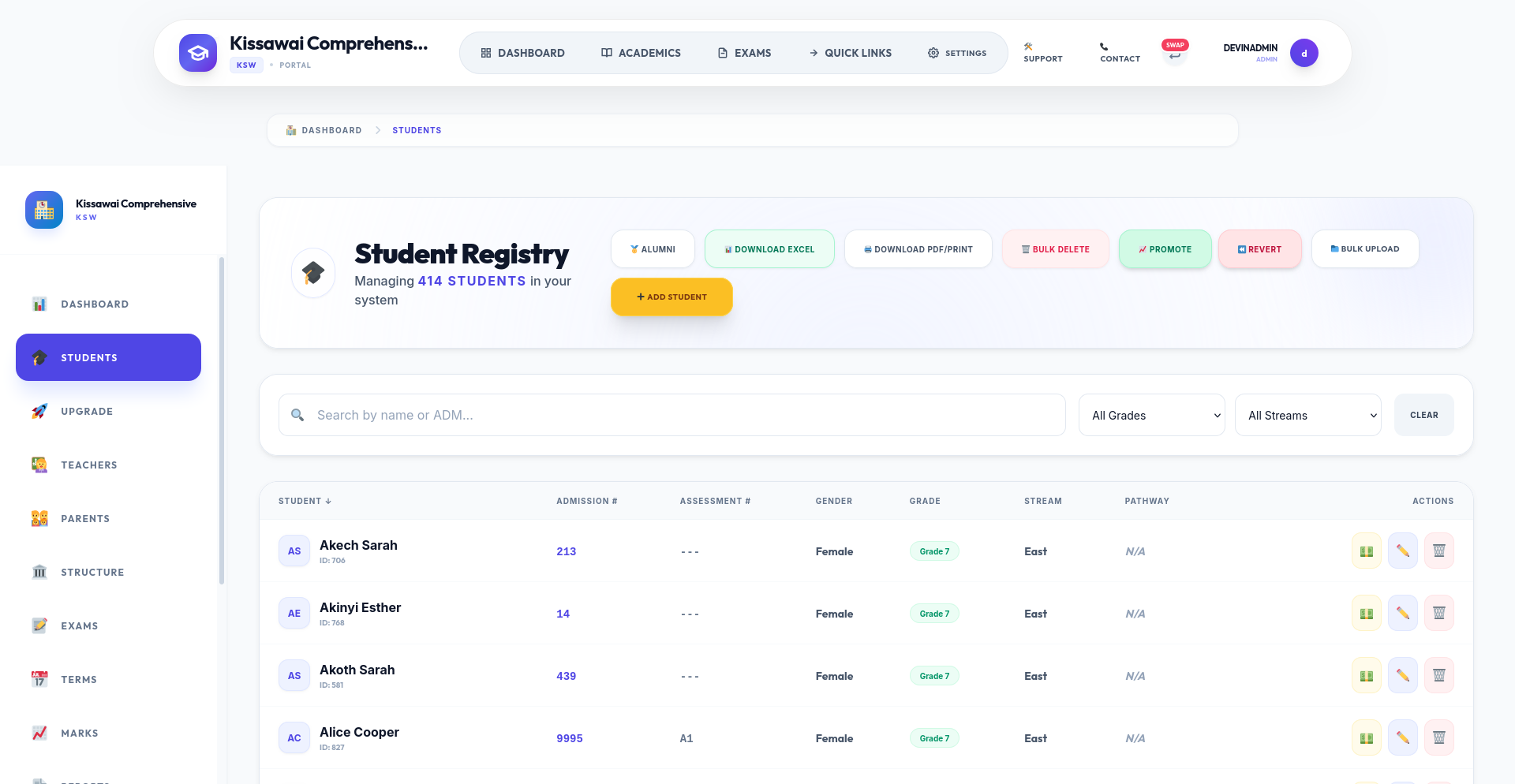 Student registry with search and bulk tools
