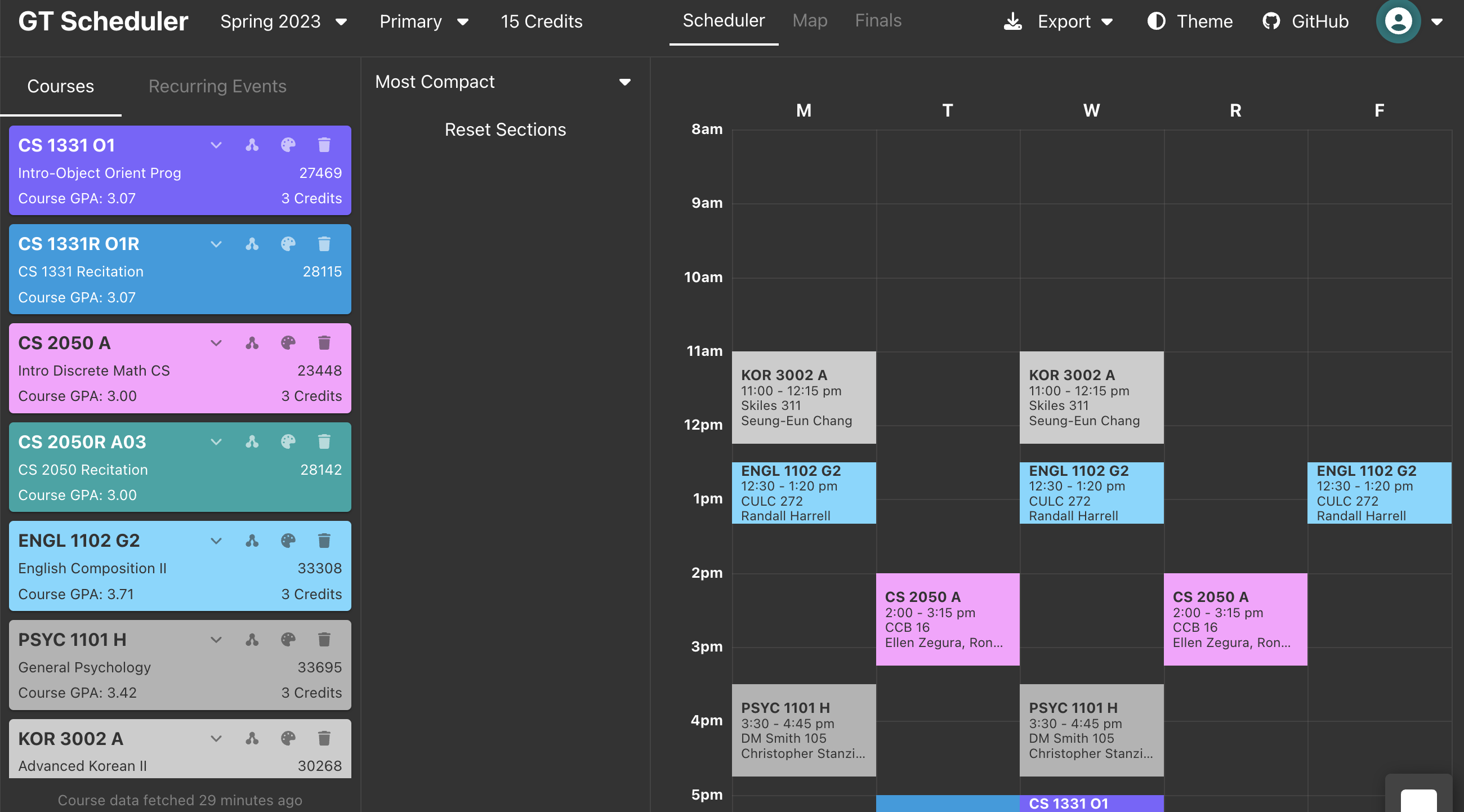 Sample school timetable view